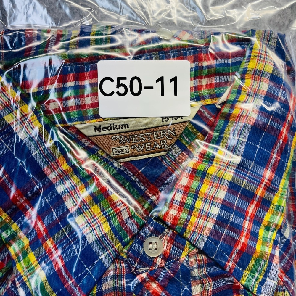 Vintage Sears Western Wear Shirt Men Medium Multi Plaid Pearl Snap Short Sleeve - Picture 8 of 8